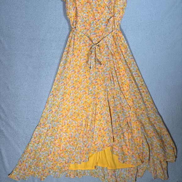 Maison Tara Womens Size 14 Cold Shoulder Maxi Dress Chiffon Yellow Belted Ruffle - Picture 3 of 12